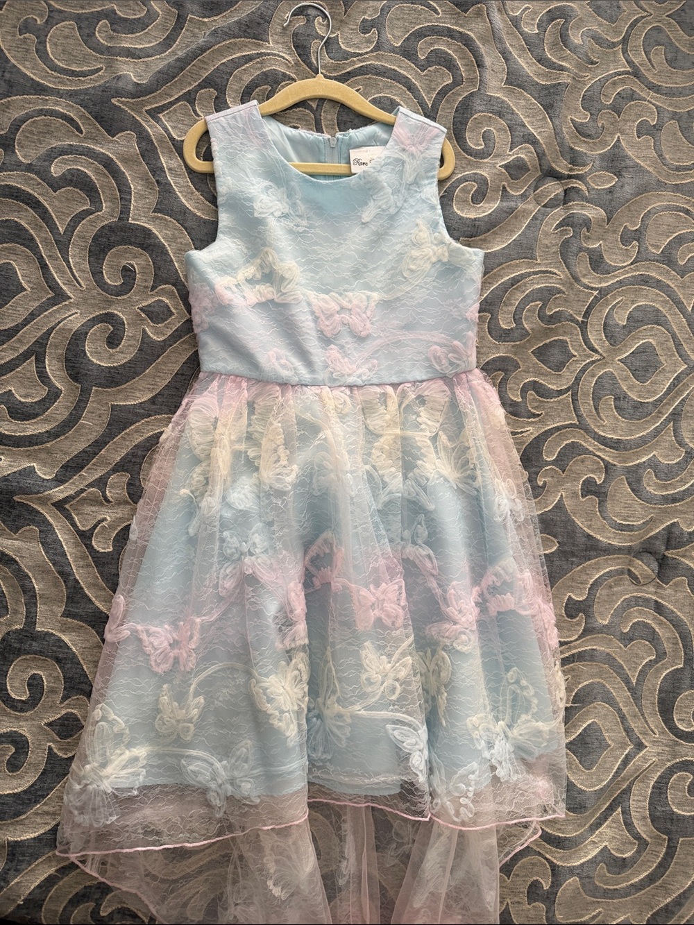 Rare Editions Light Blue Dress with Pink & Cream Lace Butterflies